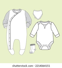 Kids Baby unisex romper, zipper romper, Hooded Romper, onesie bodysuit bib technical sketch flat sketch baby sketch