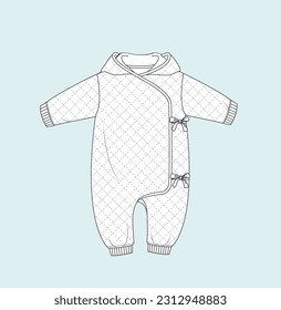 Kids Baby unisex romper, zipper romper, Hooded Romper, onesie bodysuit bib technical sketch flat sketch baby sketch