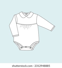 Kids Baby unisex romper, zipper romper, Hooded Romper, onesie bodysuit bib technical sketch flat sketch baby sketch