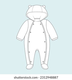 Kids Baby unisex romper, zipper romper, Hooded Romper, onesie bodysuit bib technical sketch flat sketch baby sketch