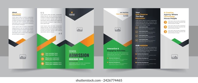 Kids back to school admission trifold brochure layout, kids academy trifold brochure design template. School admission trifold brochure design, multipurpose education trifold brochure template layout