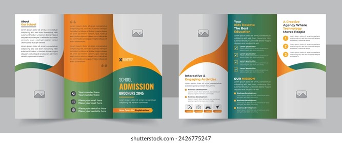 Kids back to school admission trifold brochure layout, kids academy trifold brochure design template. School admission and educational brochure design for marketing. Academic leaflet