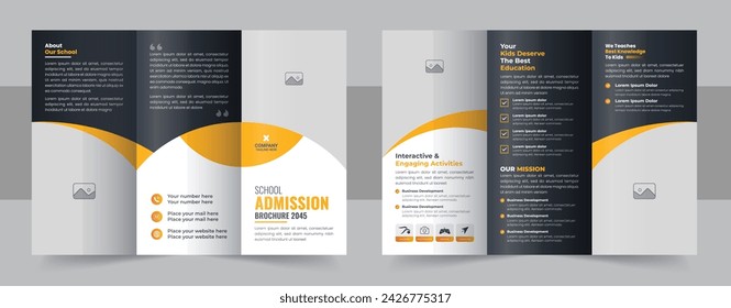 Kids back to school admission trifold brochure layout, kids academy trifold brochure design template. Academic education promotional brochure template for school or university. Back to school trifold