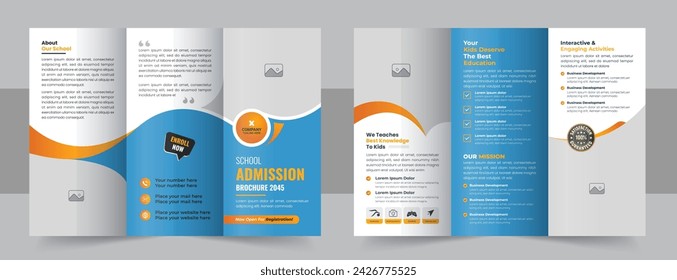 Kids back to school admission trifold brochure layout, kids academy trifold brochure design template. School admission trifold brochure template. Kids school admission trifold brochure template