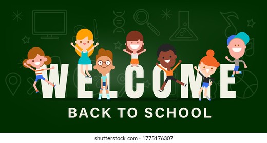 Kids back to school chalkboard banner background vector illustration