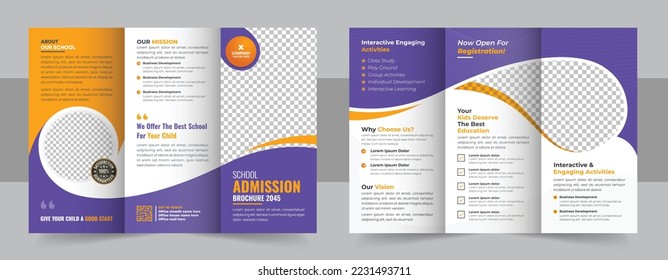 Kids back to school education admission trifold brochure template, school trifold brochure design, kids academy brochure template. Tri fold brochure design. Teal, orange corporate business template