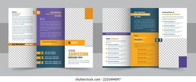 Kids back to school education admission trifold brochure template, school trifold brochure design, kids academy brochure template. Vector triple folding brochure for business and advertising