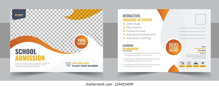 Kids back to school education admission postcard template. Modern professional school admission postcard template. Junior School Education Admission Eddm Postcard Design Template for Kids.