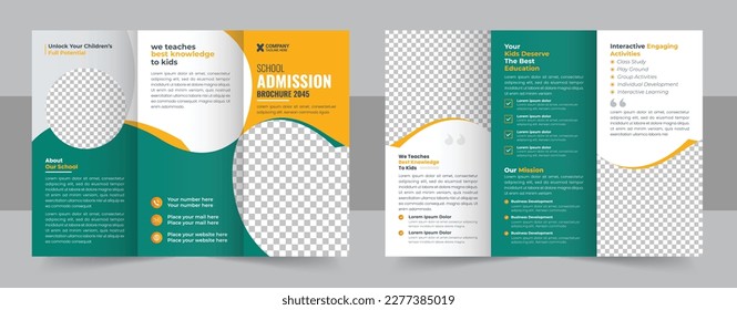 Kids back to school education admission trifold brochure template, school trifold brochure design. School admission tri fold brochure template . 2 page 3 folded school profile.