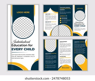 Kids back to school education admission trifold brochure vector template, kids academy brochure template layout.