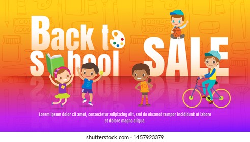 kids back to school sale promotional illustration, children with many activities cartoon vector illustration