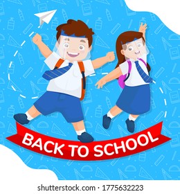 niños de vuelta a la escuela usando un escudo facial
