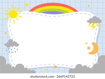 Fondo de los niños con el papel en blanco con las nubes, la lluvia, el sol y el arco iris