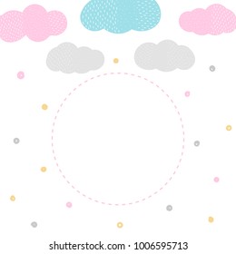 Kids background with clouds and dots with round frame for card, invitation, poster. 