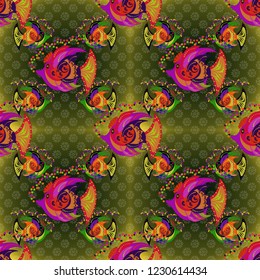 Kids background. Cute fish seamless pattern. Fishes in green, magenta and orange colors. Handdrawn Vector illustration.
