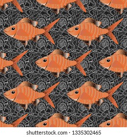 Kids background. Cute fish. Seamless pattern with fish. Fishes in orange, gray and magenta colors. Vector illustration.