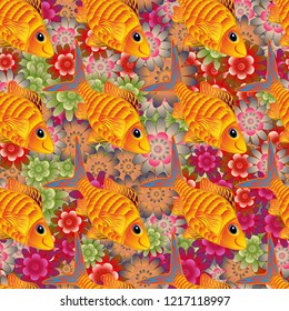 Kids background. Cute fish. Vector illustration. Seamless pattern with fish. Fishes in red, yellow and orange colors.