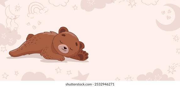 Fondo de los niños con el oso durmiente lindo con la luna, las estrellas, el arco iris y las nubes y el espacio vacío para el texto. Decoración de la habitación del recién nacido. Ilustración de dibujos animados de Vector para diseños, impresiones, patrones