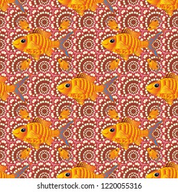 Kids background. Fishes in brown, pink and beige colors. Cute fish. Seamless pattern with fish. Vector illustration.