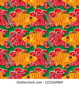 Kids background. Fishes in red, green and pink colors. Cute fish seamless pattern. Handdrawn Vector illustration.