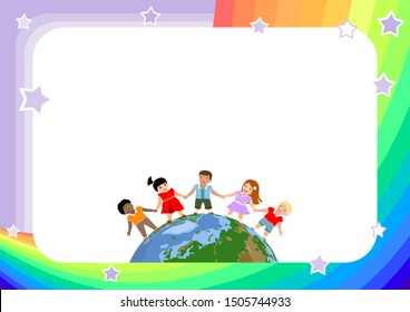 kids background, frame, template with happy kids of different races and skin colors holding hands and standing on the globe, planet. color vector illustration