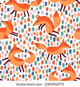 Kids background with funny foxes and colorful bright spots. Perfect for textile, wallpaper or other surfaces. Cute childish seamless pattern in vector.