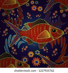 Kids background. Handdrawn Vector illustration. Cute fish seamless pattern. Fishes in black, blue and red colors.