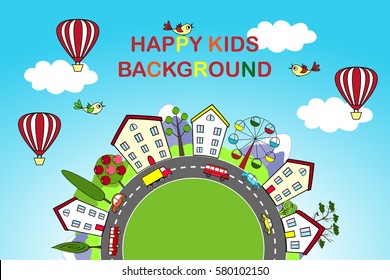 Kids background with happy city houses, road, and cars. Vector background