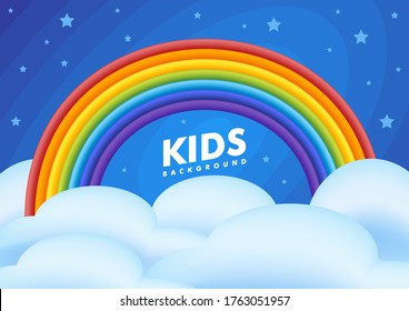 Kids background night sky with a rainbow, clouds and stars. Vector flat illustration. Cute baby decorative pattern for a children's bedroom, sites or printing.