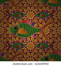 Kids background. Seamless pattern with fish. Vector illustration. Fishes in purple, brown and yellow colors. Cute fish.