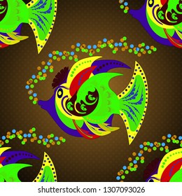 Kids background. Seamless pattern with fish. Vector illustration. Cute fish. Fishes in green, brown and yellow colors.