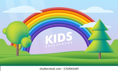 Kids background vector flat illustration. Fantastic landscape with rainbow on green valley. Multicolor cute scenery with rainbow, trees on spring green meadow for children's sites or printing.