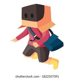 Kids with backpack and cardboard box wearing mask, red shirt and yellow boots