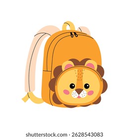 Kids backpack with cute lion face. Orange school bag with rounded shapes and soft straps. Playful design isolated on white.