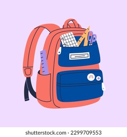 Mochila para niños con papelería completa y material de estudio. Bolsa de colegio colorida con cuadernos de copias, reglas, lápices. Ilustración vectorial dibujada a mano aislada en el fondo púrpura. Estilo moderno de dibujos animados planos.