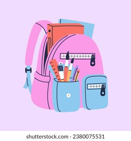 Kids backpack full stationery and study supplies. Colorful schoolbag with textbooks, rulers, pens, pencils. Hand drawn vector illustration isolated on purple background. Modern flat cartoon style.