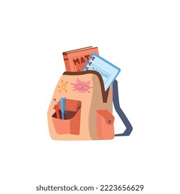 Kids Backpack With Math Textbook, Notebook And Stationery Inside, Flat Vector Illustration Isolated On White Background. Education And Back To School Concepts.