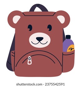 Mochila para niños con forma de bozal de oso de peluche. Bolso escolar infantil, bolso de colegio lindo en cremallera. Los niños se echan encima, mochila con botella en el bolsillo. Ilustración vectorial aislada plana sobre fondo blanco