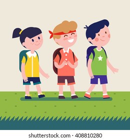 Kids with backpacks going on outdoor hiking trip. Girl and two boys walking together on summer adventure or expedition. Modern flat vector illustration clipart.