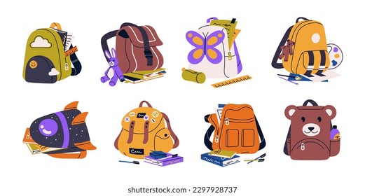 Kids backpacks, school bags set. Childs schoolbags, packed satchels with stationery, study supplies. Childish knapsacks with books, pens. Flat vector illustrations isolated on white background