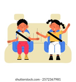 Kids In Backseat In Car Seats In Flat Vector Illustration Symbolizing Travel, Safety, And Fun, Isolated On White Background