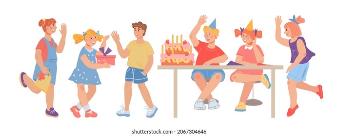 Kids Backyard Birthday Party. Group Of Cheerful Children Celebrate Birthday, Flat Vector Illustration Isolated On White Background.