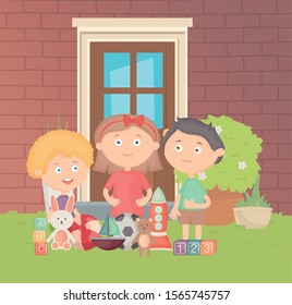 kids in the backyard with many toys vector illustration