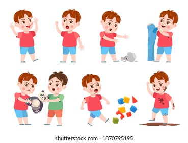 Kids bad behavior. Bully making mess, scream, angry, rips clothes and break vase. Naughty boy fighting over a toy. Problem child vector set. Child ruining cubes, jumping in mud and teasing