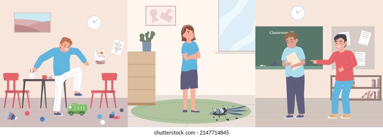Kids bad behavior flat square compositions with bullying vandalism making mess scenes vector illustration