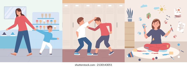 Kids bad behavior three square compositions on theme of aggression disobedience slovenliness flat vector illustration