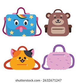 Kids bags vector cartoon set isolated on a white background.