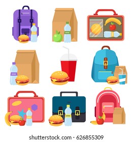 Kids bags vector and school lunch food boxes, flat icons