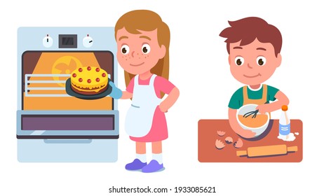 Kids bakers cooking cake or pie in kitchen. Boy kid standing and whisking dough at table, girl putting pie into oven. Children baking pastry at home. Household culinary. Flat vector illustration