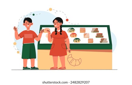 Los niños en concepto de panadería. Niño y niña de pie cerca de la barra con donuts, cupcakes y pasteles. Los niños compran postres y exquisiteces. Ilustración vectorial de dibujos animados aislada sobre fondo blanco